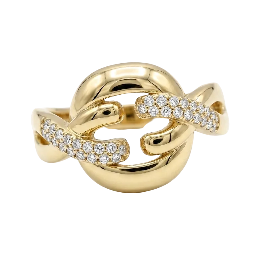 Gold ring with diamond accents on a white background