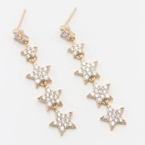 rose gold dangly long star earrings with cubic zirconia