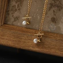 Load image into Gallery viewer, gold t bar chain necklace for women with pearl pendant
