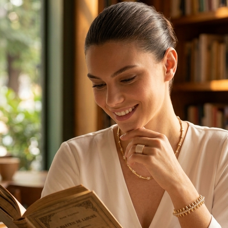 Woman reading a book and holding a cup of coffee in a cozy setting.