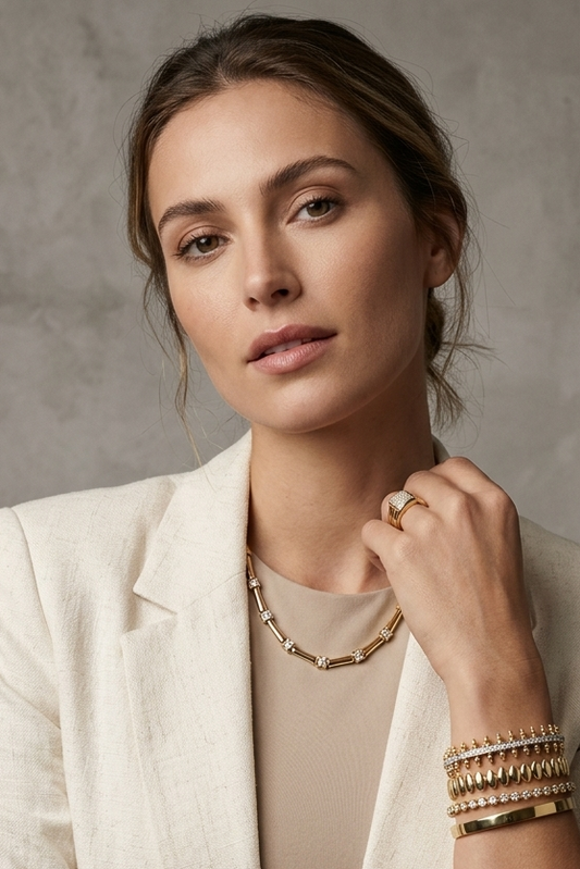 Woman wearing a beige blazer and gold jewelry against a gray background