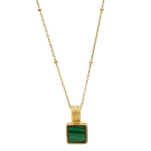 gold malachite square necklace for women set in gold beaded chain