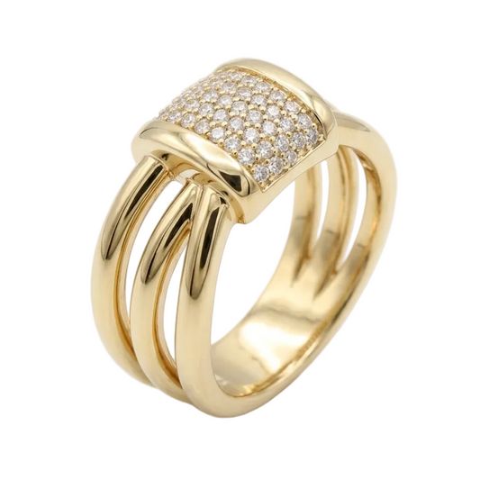 Gold ring with diamond accents on a white background
