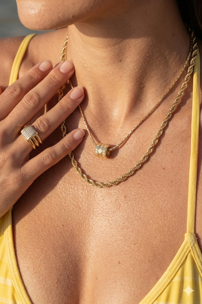 Close-up of a person wearing a gold necklace and ring with a blurred background