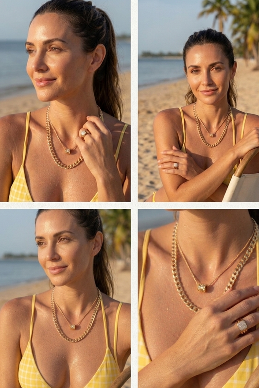 Woman on a beach wearing a yellow bikini and gold jewelry, with a tropical background.
