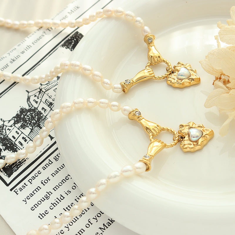 gold freshwater pearl necklace with heart charm