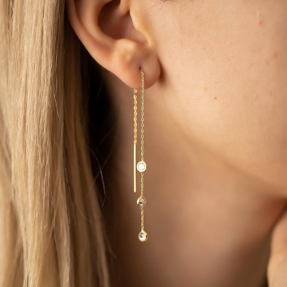 Gold Sparkle White Crystal Threader Earrings